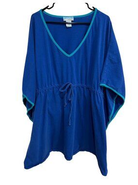 Resorts Plus Blue V Neck Kaftan Cover Up Adjustable Waist Tie Turquoise Trim